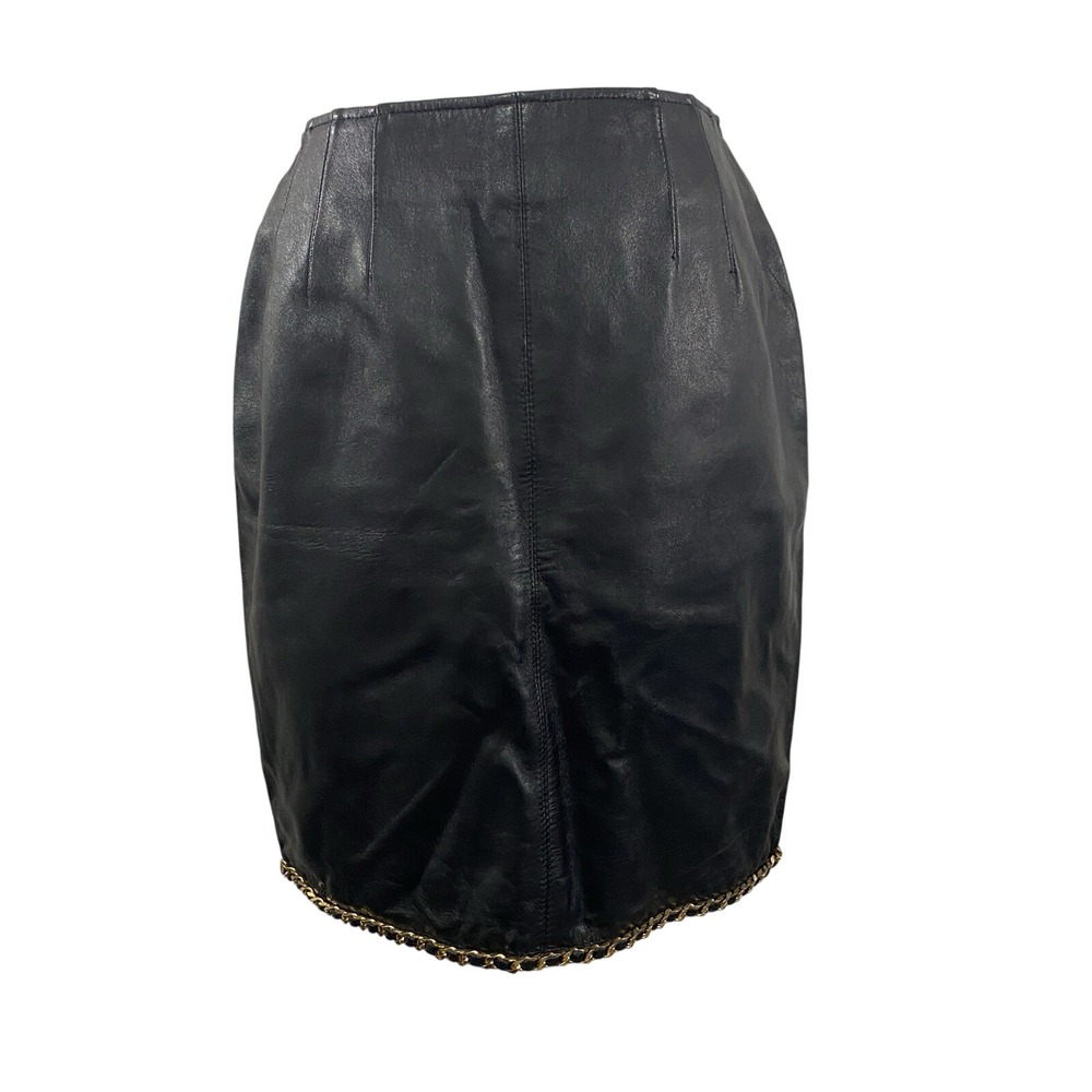 Vintage Melanzona Black Genuine Leather Skirt, Gold Trim, Size 8